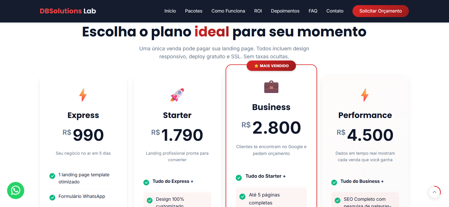 Landing Page - Pacotes de Precificação