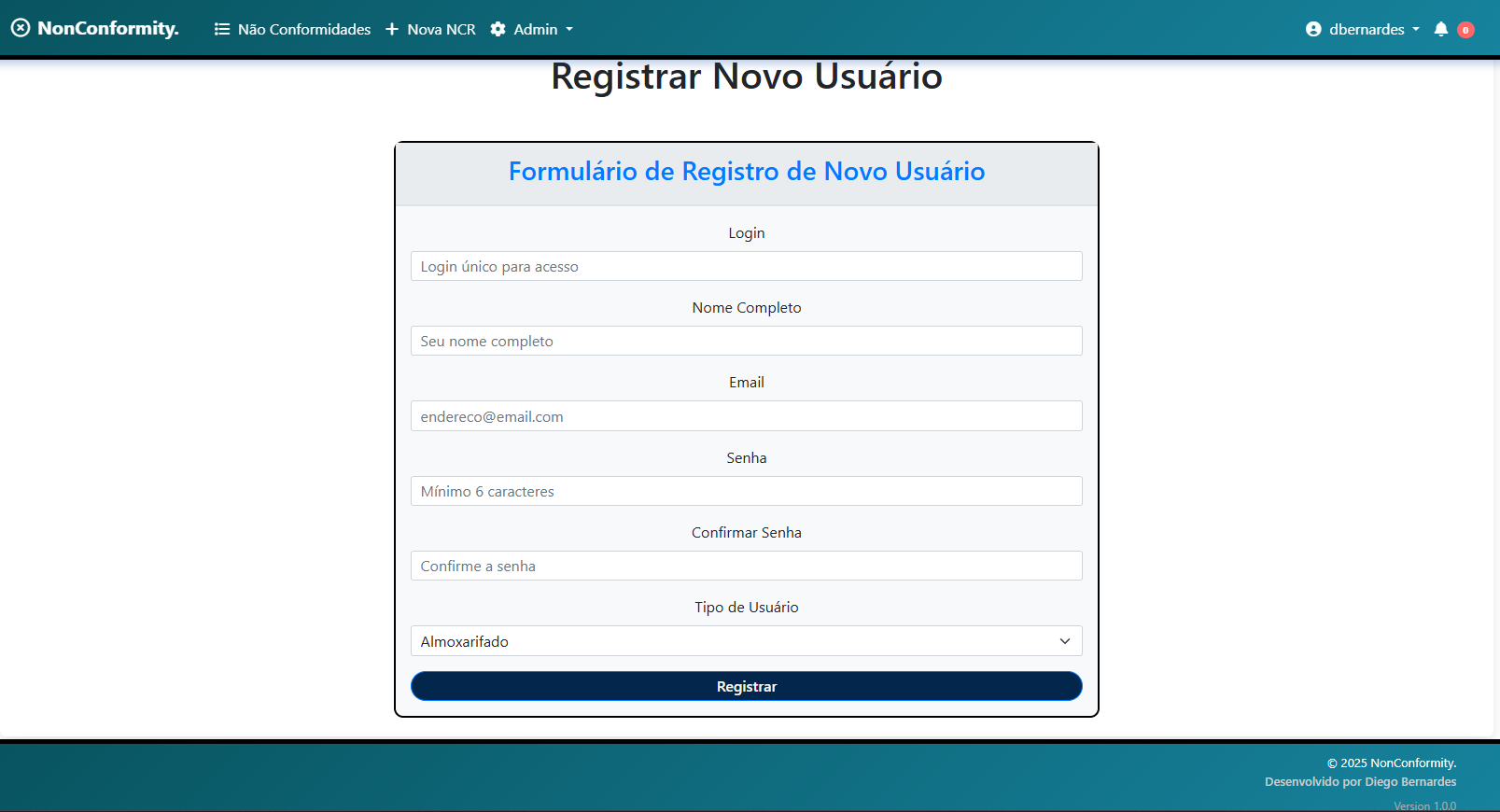 NonConformity - Registrar usuário